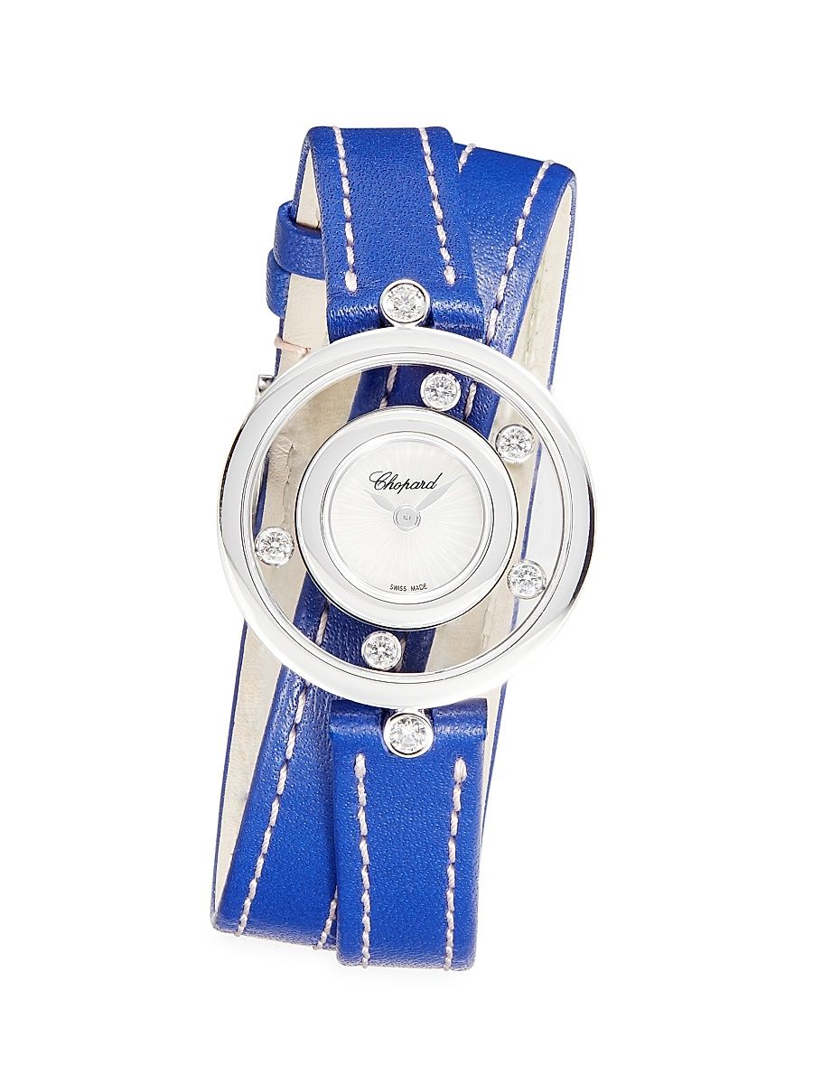 Women's Happy Diamonds Icons 18K White Gold, Diamond, & Leather Wrap-Strap Watch - Blue