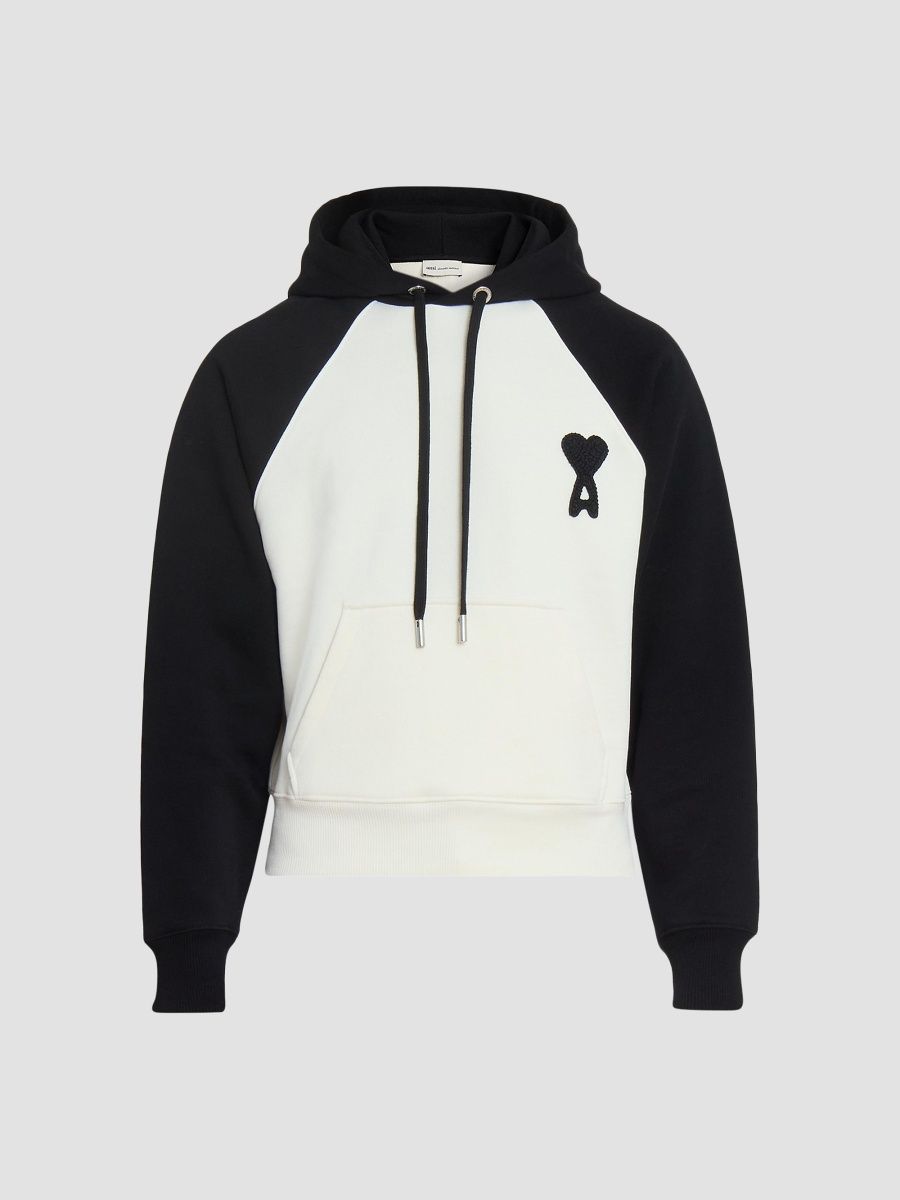 AMI Paris Men's Boxy Crochet Ami De Coeur Raglan Hoodie - Blanc Creme Noir - Size Large