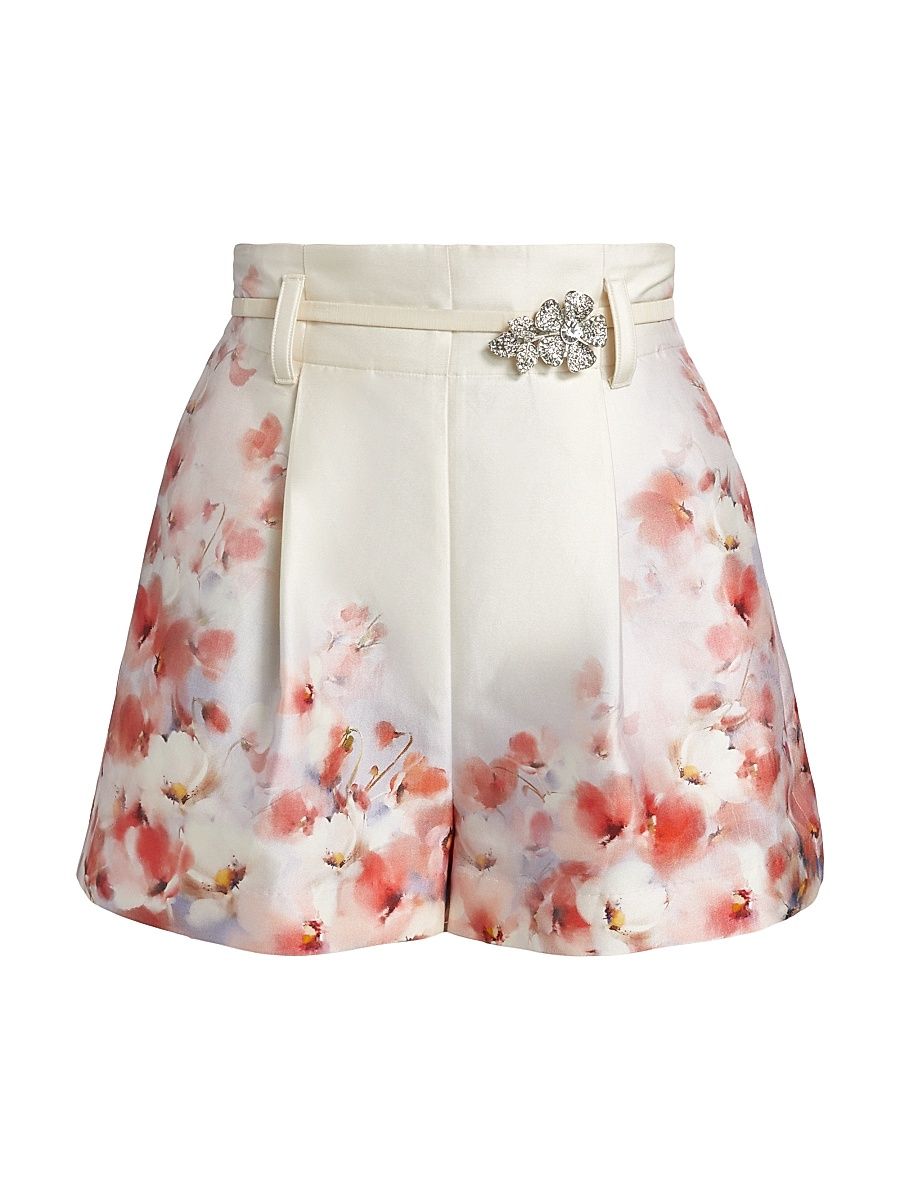 Women's Crush Floral Pleated Shorts - Scarlet Floral - Size 6