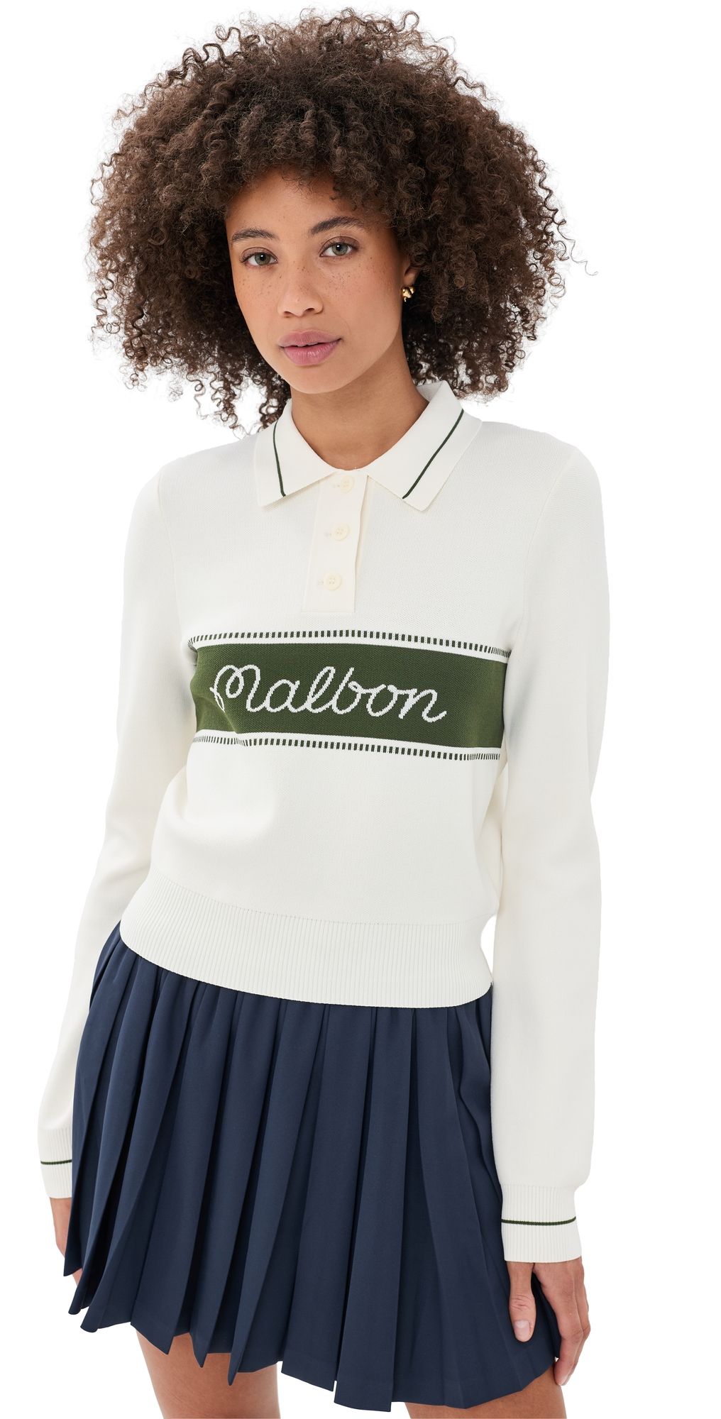 Malbon Elaine Long Sleeve Knit Polo Egret XXS