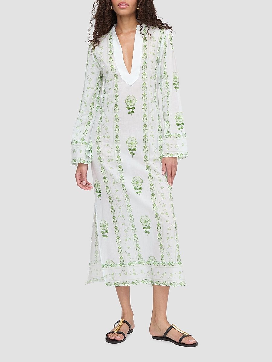 Women's The Sorina Maxi Tunic - White Green Arcadia Border - Size XS