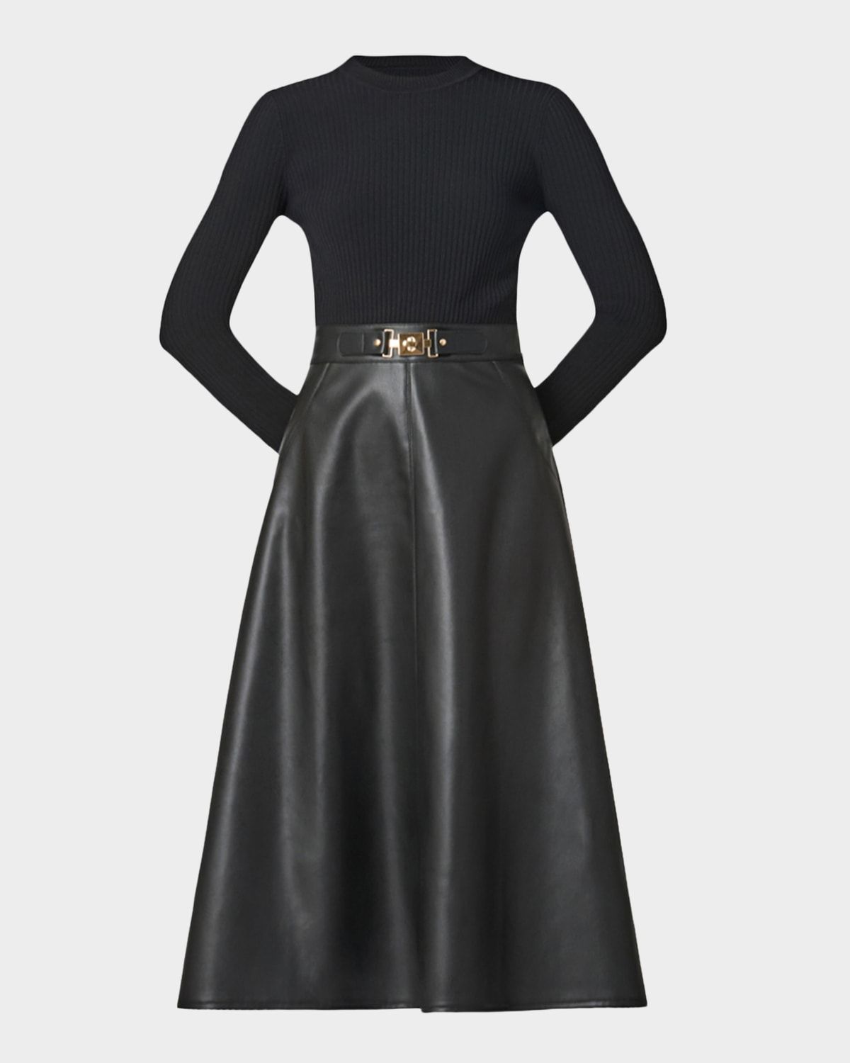 Paige Rib Knit & Faux Leather Midi Dress