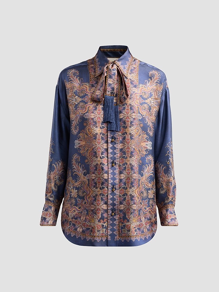 Women's Valiant Paisley Silk Relaxed Shirt - Navy Paisley - Size 10