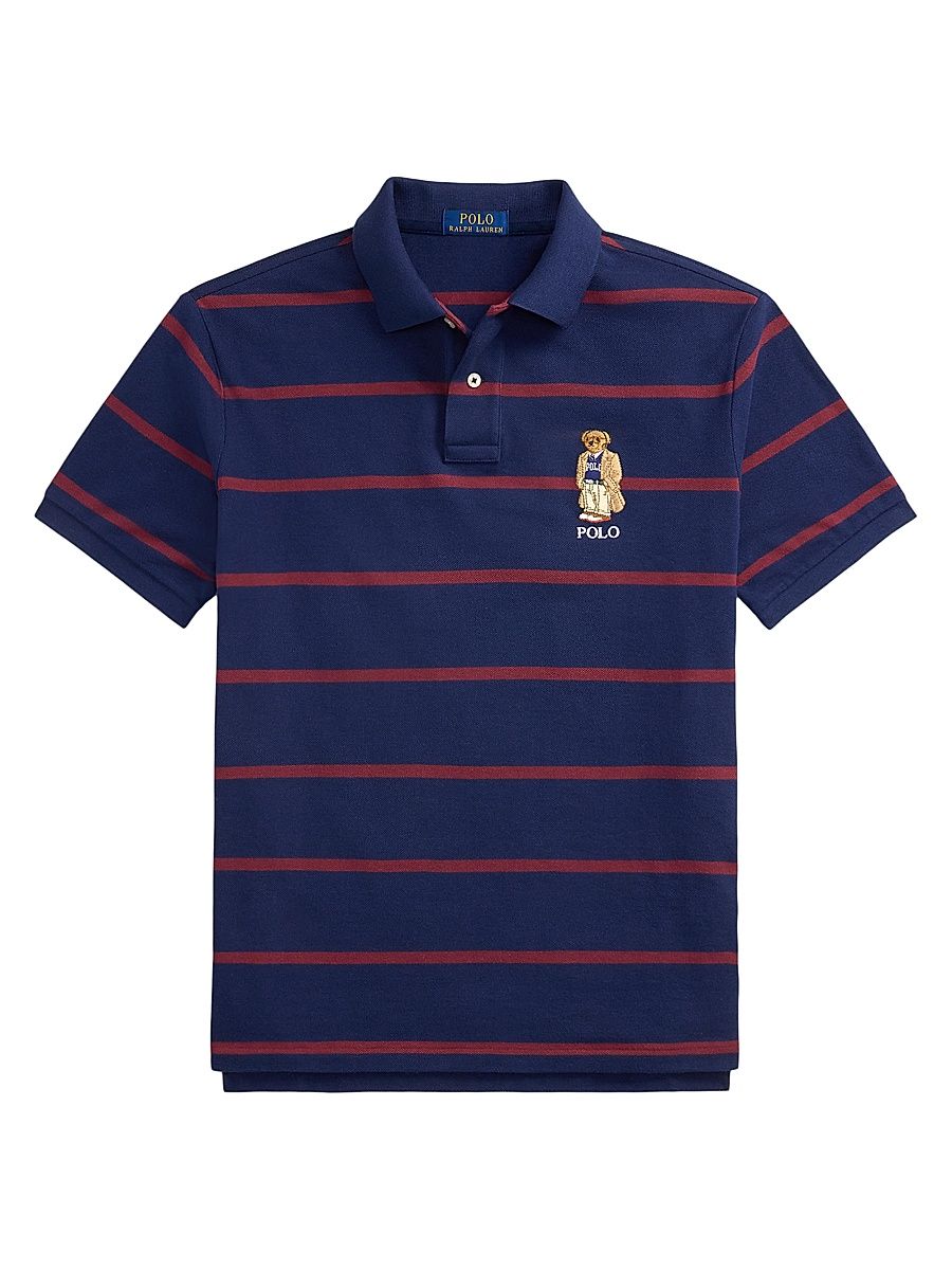 Men's Custom Slim-Fit Bear Mesh Polo Shirt - Navy Red Heritage Bear - Size XL
