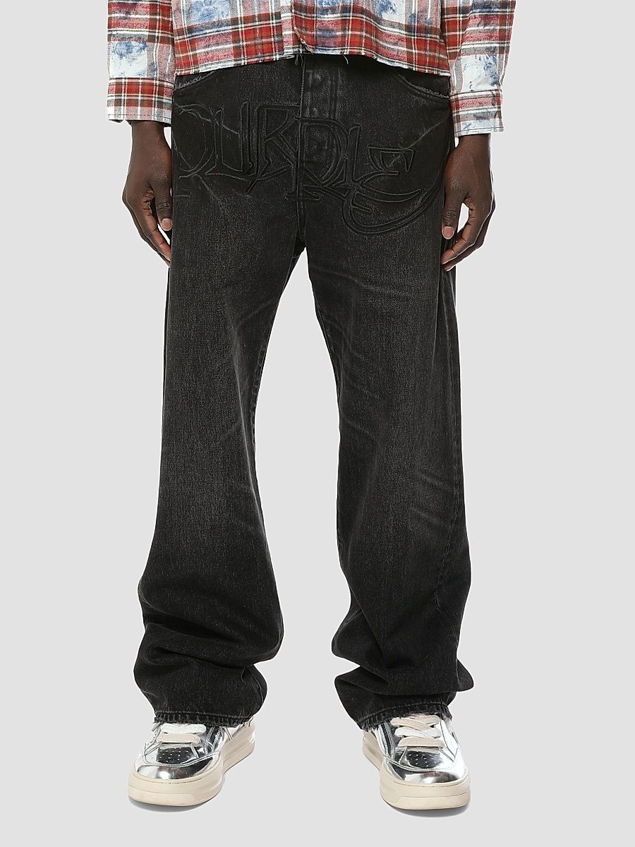 Men's P018 Logo Appliqué Wide-Leg Jeans - Black - Size 38