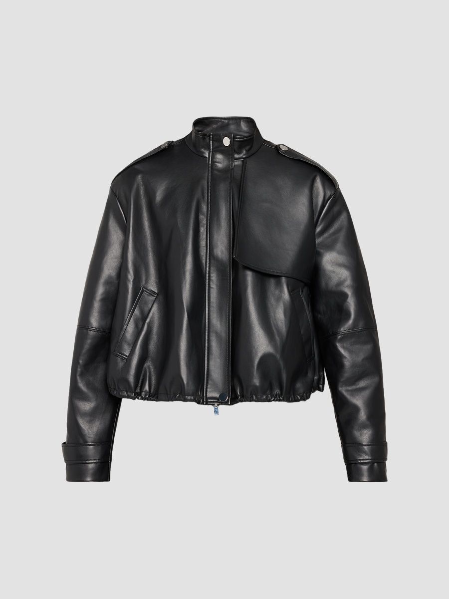 Toccin Women's Alyssa Vegan Leather Drawstring Bomber Jacket - Jet - Size XL