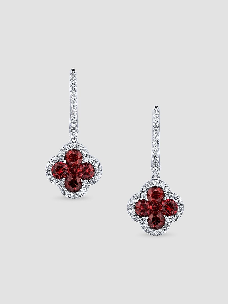 Women's 18K White Gold, Ruby & 0.82 TCW Diamond Clover Drop Earrings - White Gold