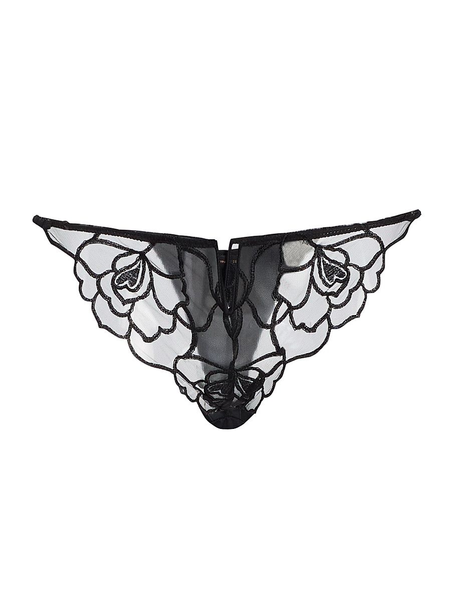 Women's Petite Chou Floral-Embroidered Lace Thong - Black - Size Small