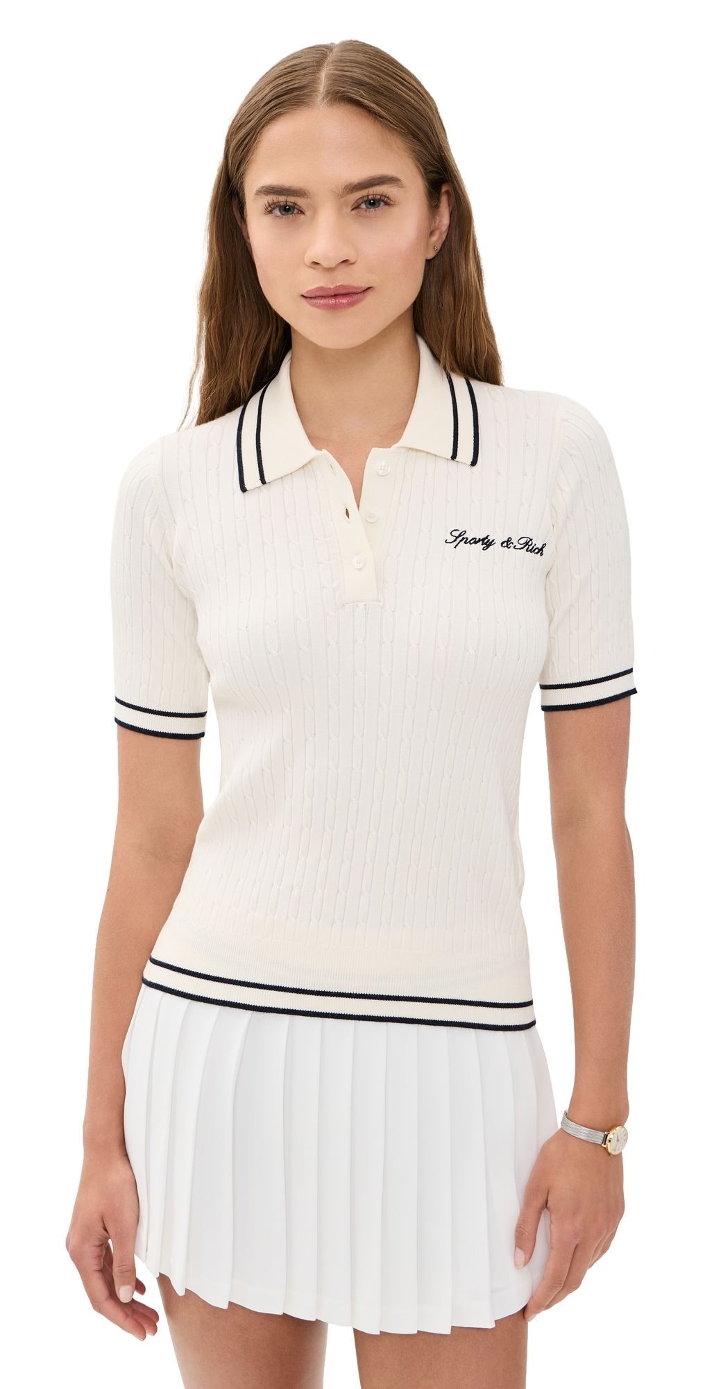 Sporty & Rich Signature Logo Mini Cable Polo Ecru/Dark Navy XL
