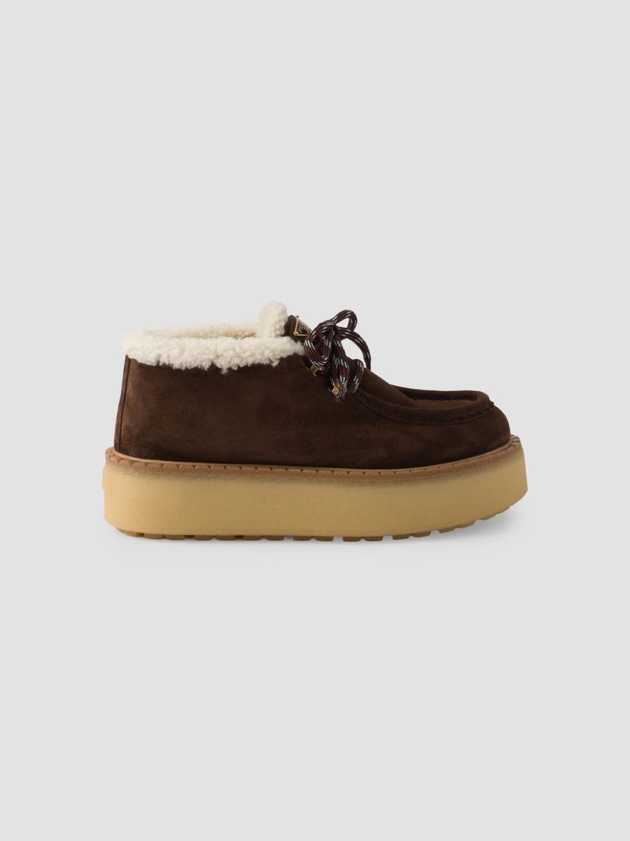 Prada Women's Shearling Lined Suede Booties - Medium Brown - Size 10.5