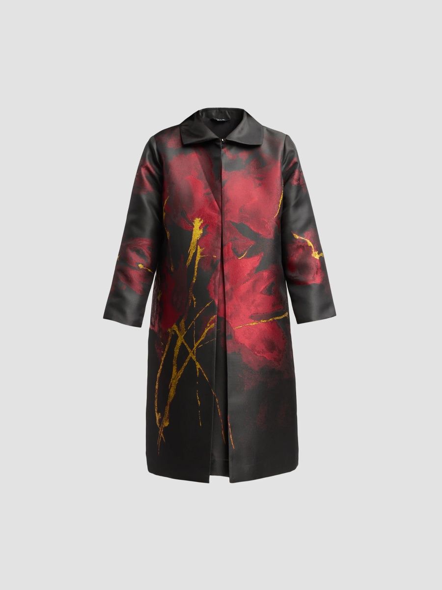 Misook Women's Metallic Floral Jacquard Longline Jacket - Scarlet Red Black - Size XXL