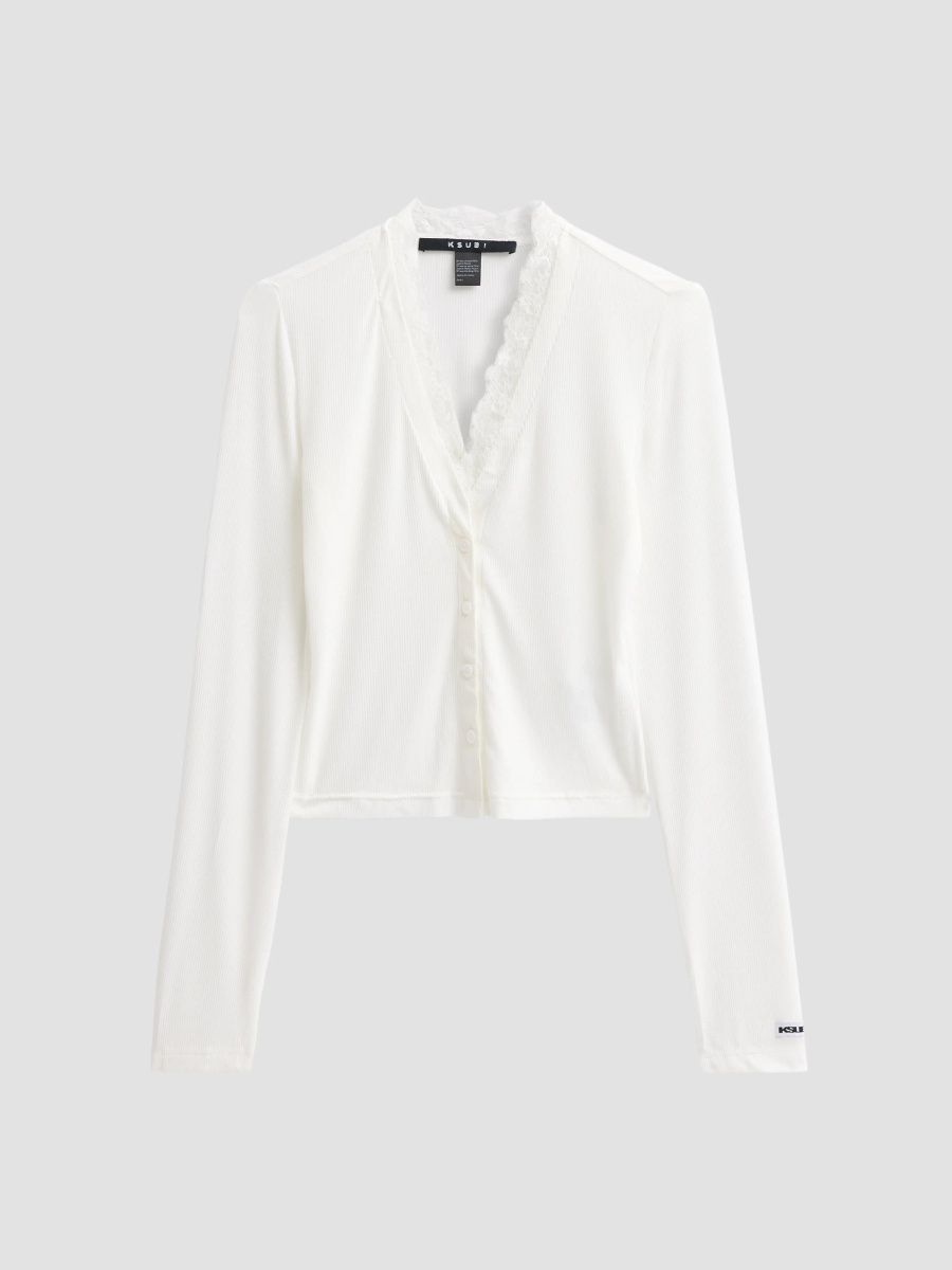 Ksubi Women's Mira Fitted Lace-Trim Long-Sleeve Top - White - Size Large