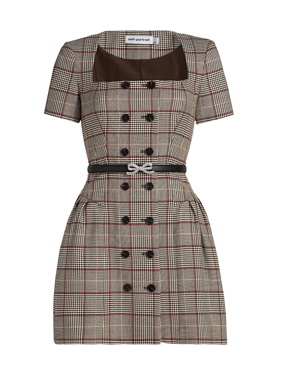 Women's Plaid Wool-Blend Belted Minidress - Brown - Size 8