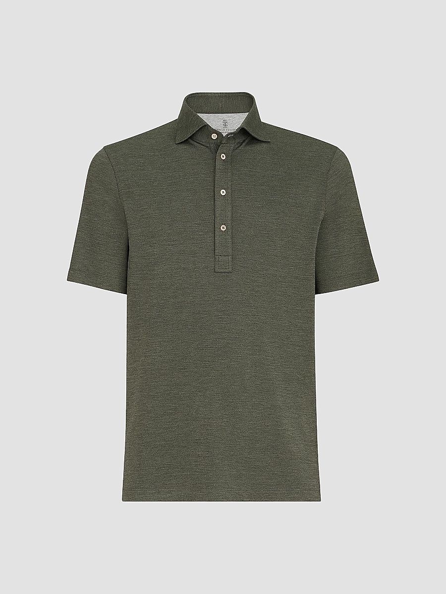 Brunello Cucinelli Men's Virgin Wool, Silk and Cotton Piqué Polo Shirt - Military - Size XXS