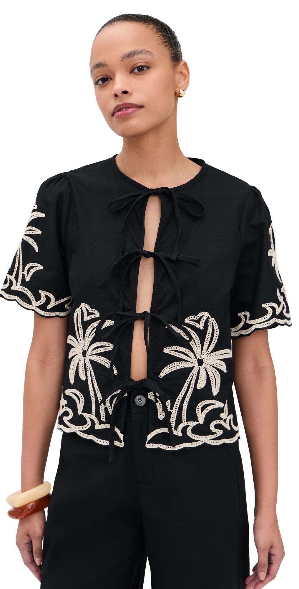 Little Lies Palm Embroidery Shirt Black L
