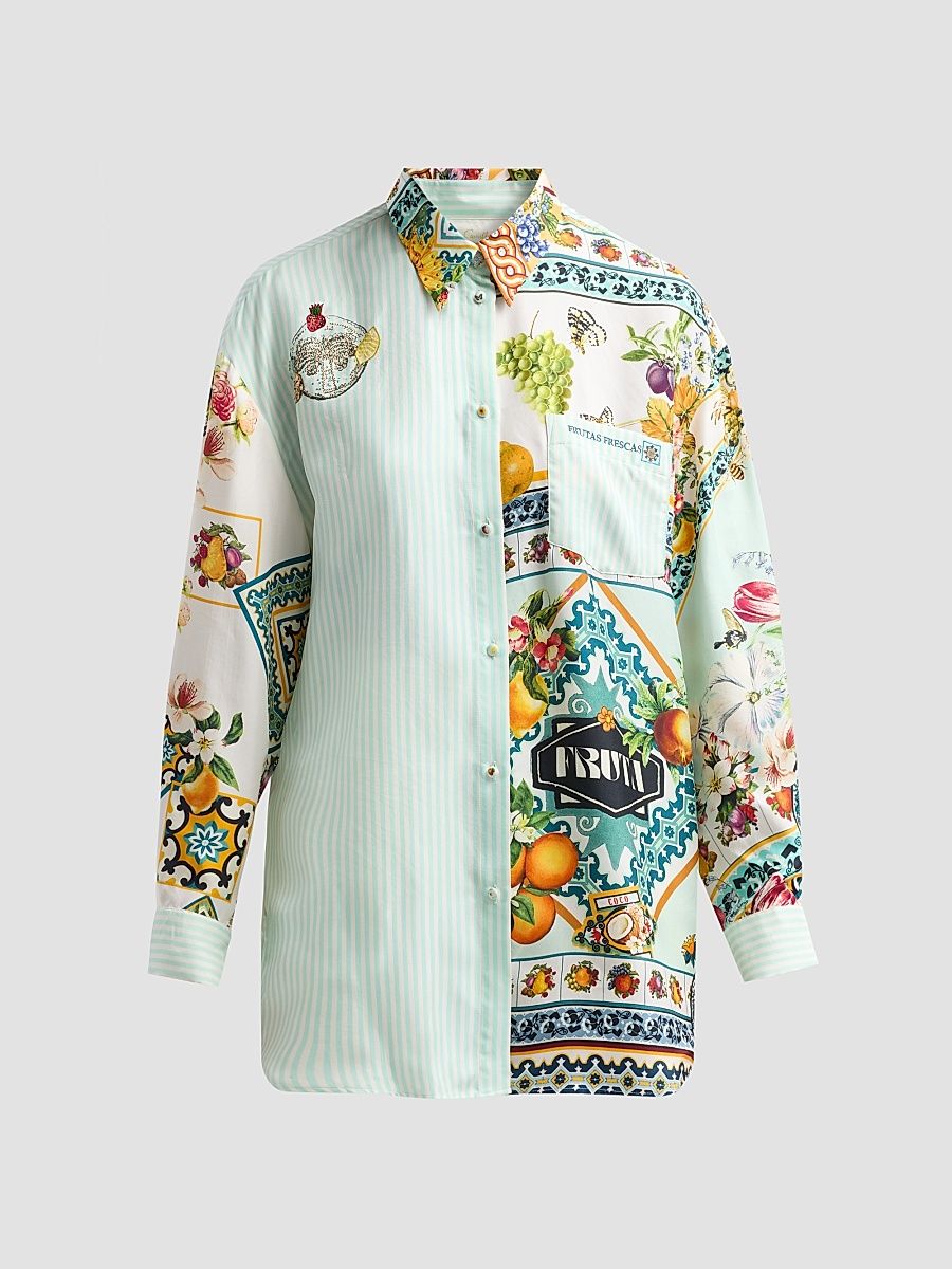 Women's Magic Of The Mercado Striped Printed Silk Shirt - Magic Of The Mercado - Size Medium