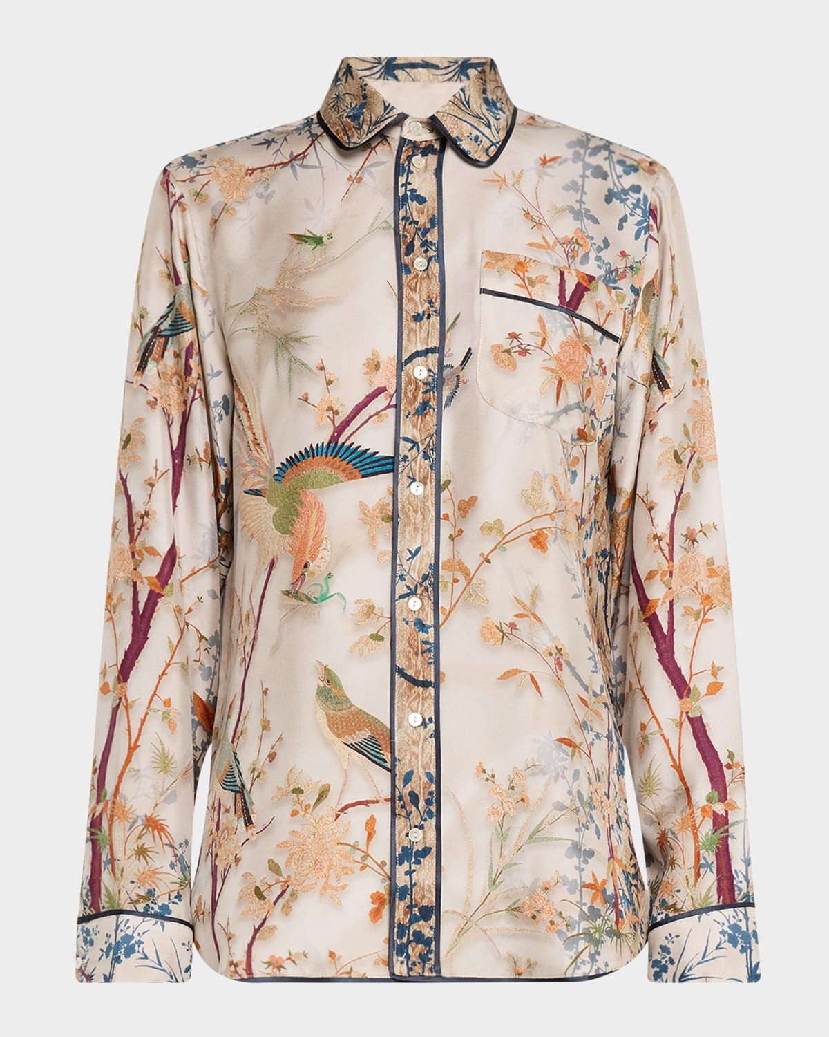 Floral & Bird-Print Silk Shirt