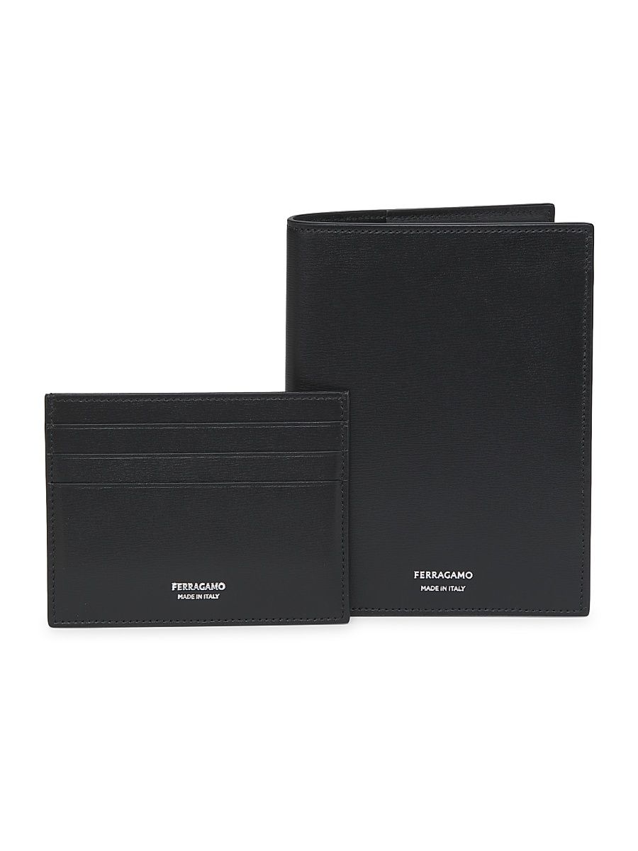 Men's Leather Passport Holder & Card Case Set - Black