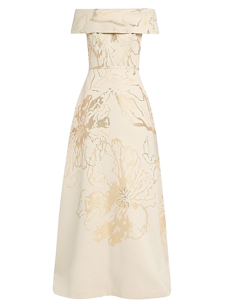 Women's Metallic Jacquard Off-The-Shoulder Gown - Cham Gold - Size 12