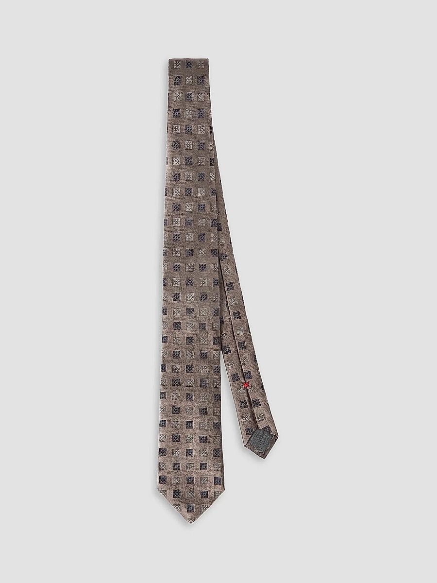 Men's Silk Tie with Square Pattern - Brown