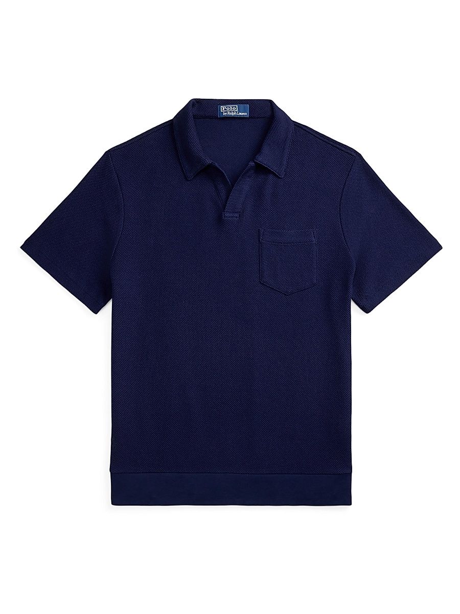 Men's Textured Cotton Johnny Collar Polo - Cruise Navy - Size Large