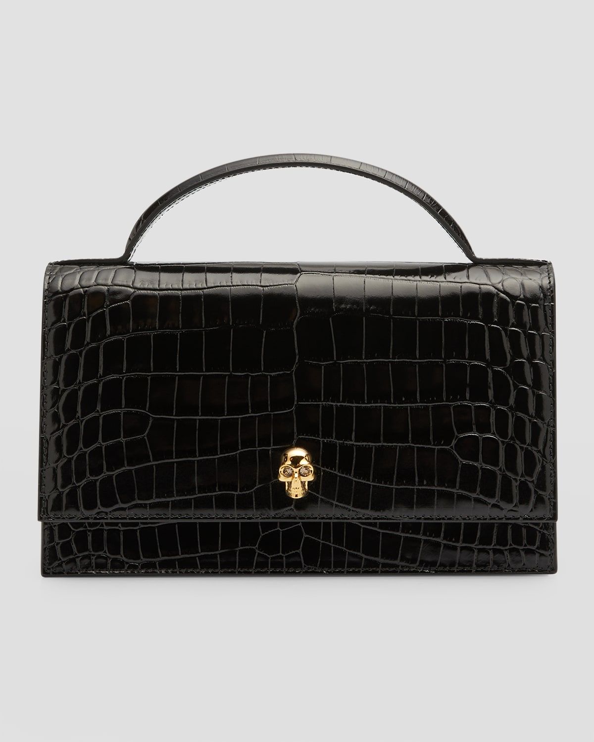 Medium Skull Croc-Embossed Top-Handle Bag