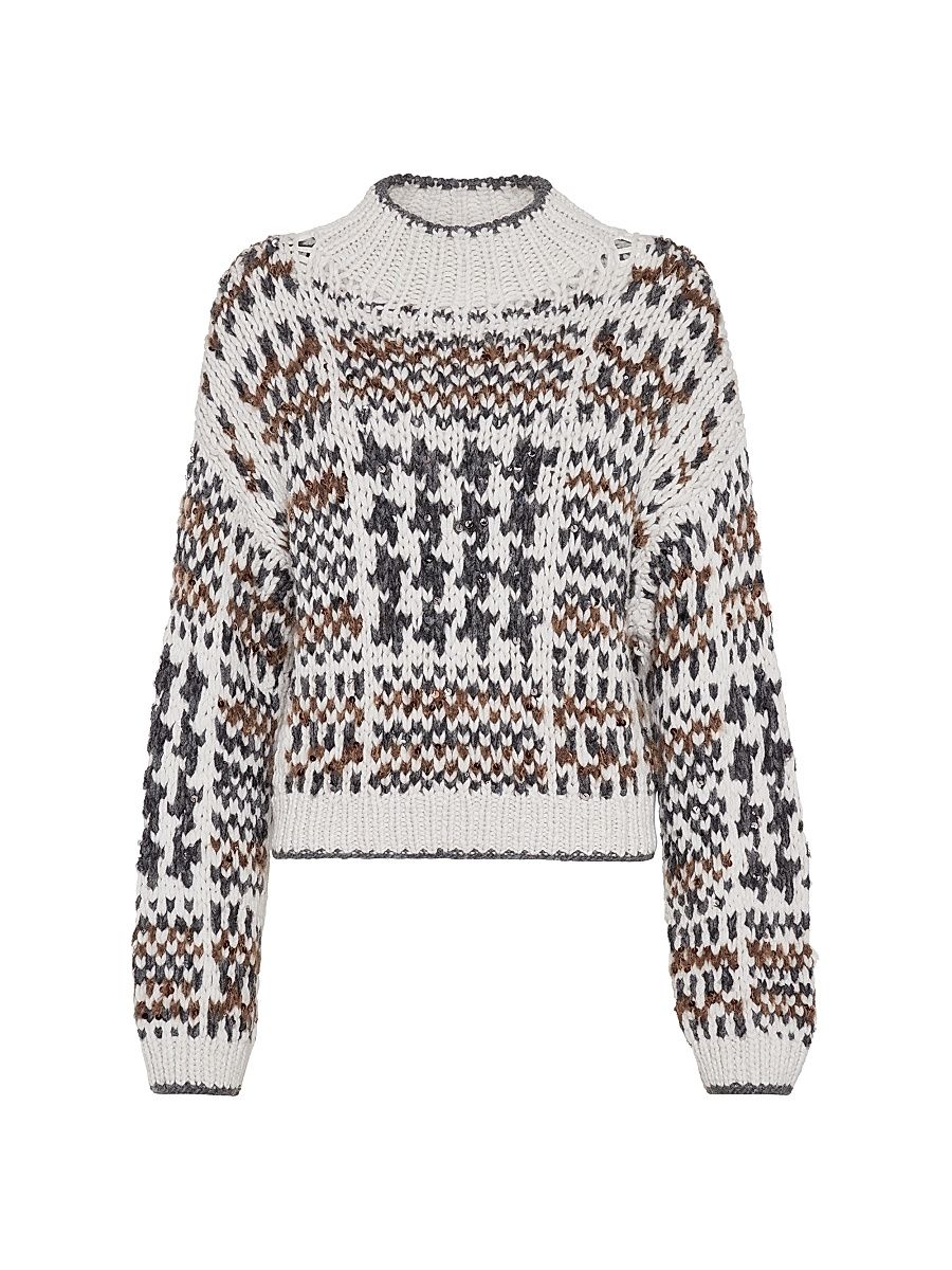 Women's Handmade Prince of Wales Opera Sweater in Cashmere Cotton and Alpaca - White - Size XXL