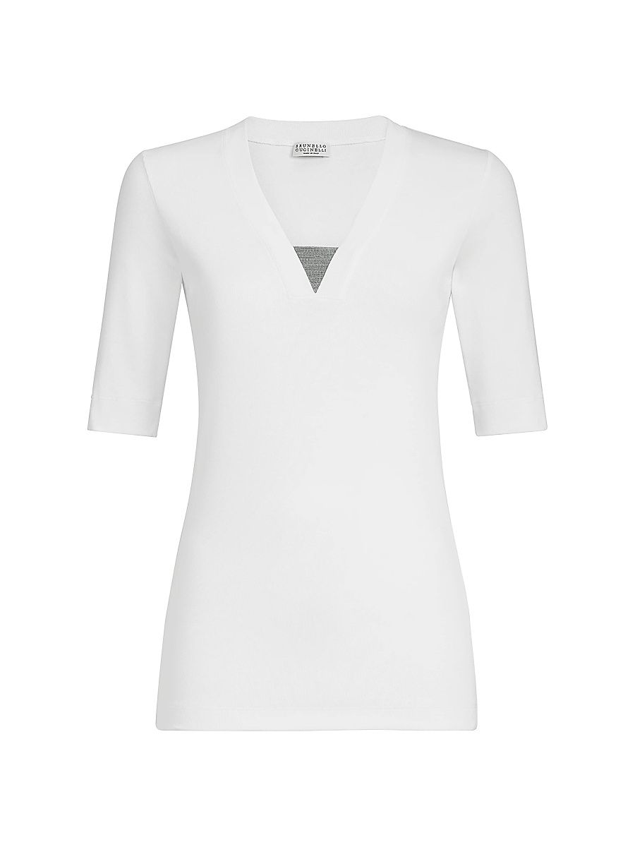 Women's Stretch Cotton Ribbed Jersey Top with Precious Insert - White - Size XXS