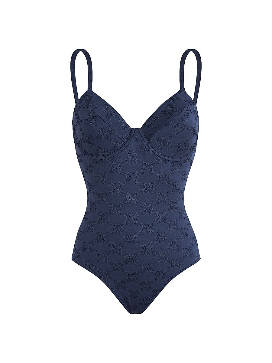 Women's Turtle Monogram Jacquard One-Piece Swimsuit - Blue Marine Navy - Size Medium