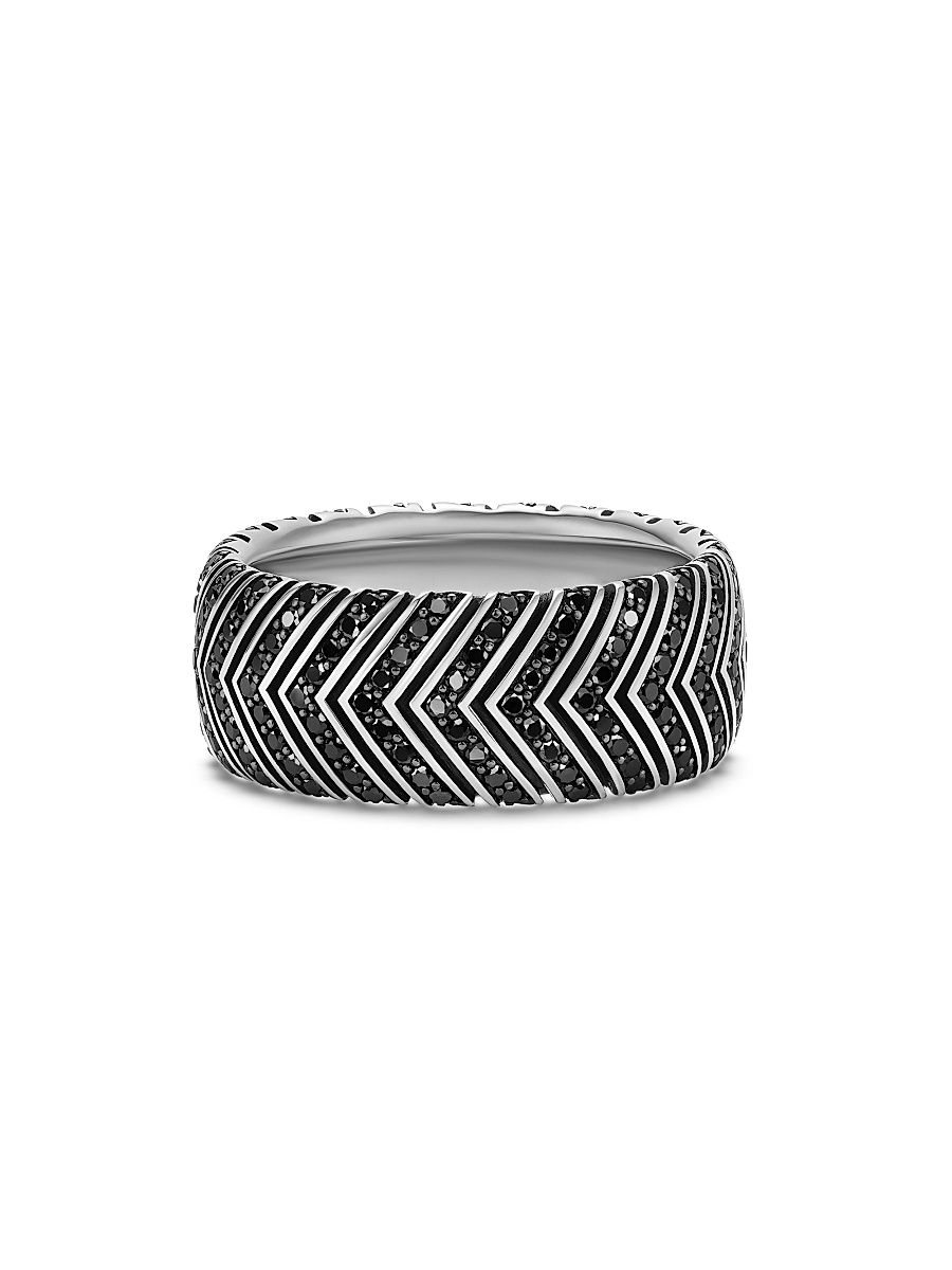 Men's Chevron Band Ring in Sterling Silver - Black Diamond - Size 10