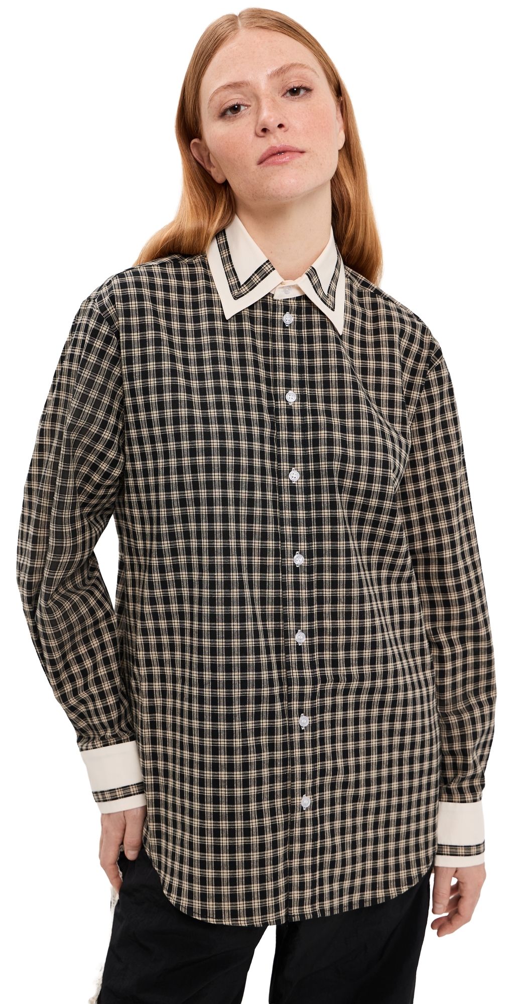 Tanner Fletcher Pippa Trimmed Border Button Down Shirt Black Plaid M