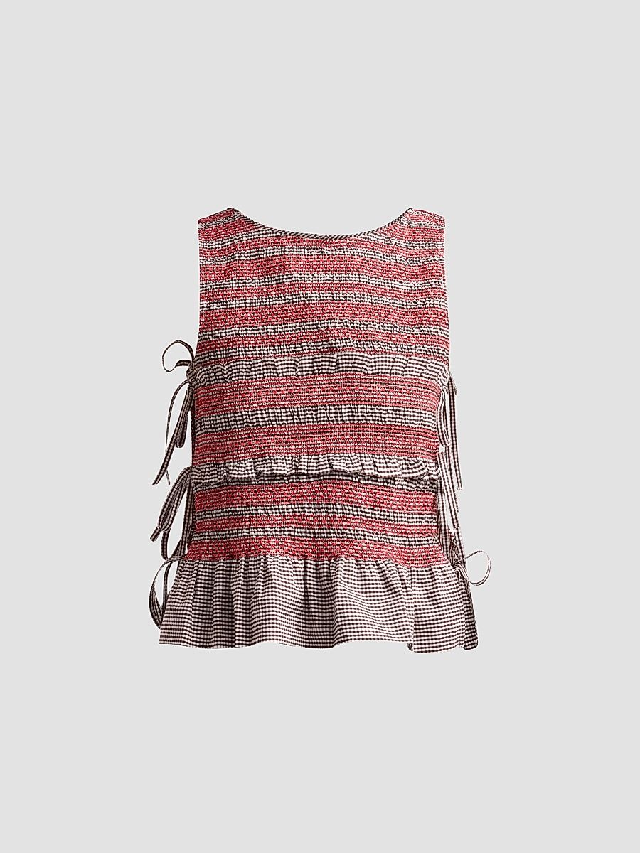 Women's Check Cotton Smocked Tie Top - Chicory Coffee - Size 0