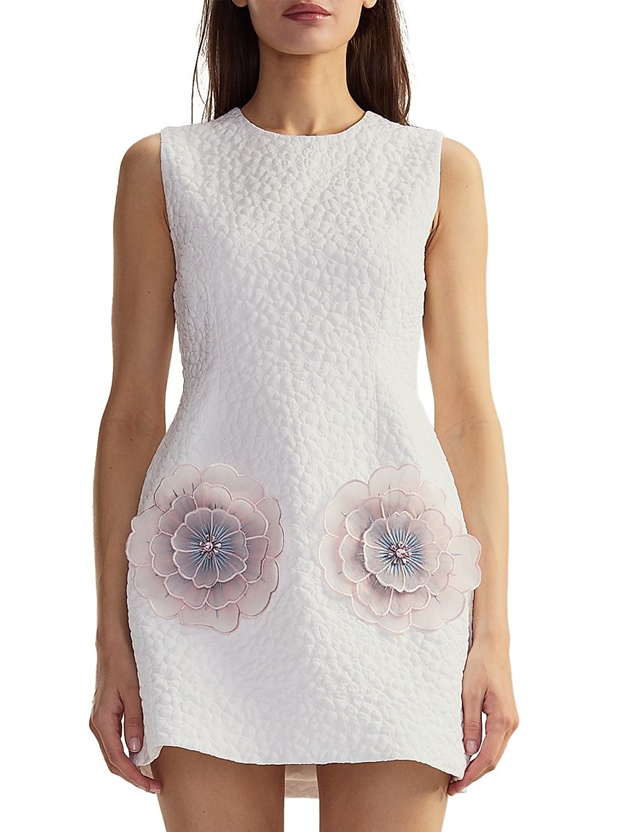 Women's Jacquard 3D Flower Pocket A-Line Minidress - White - Size 0