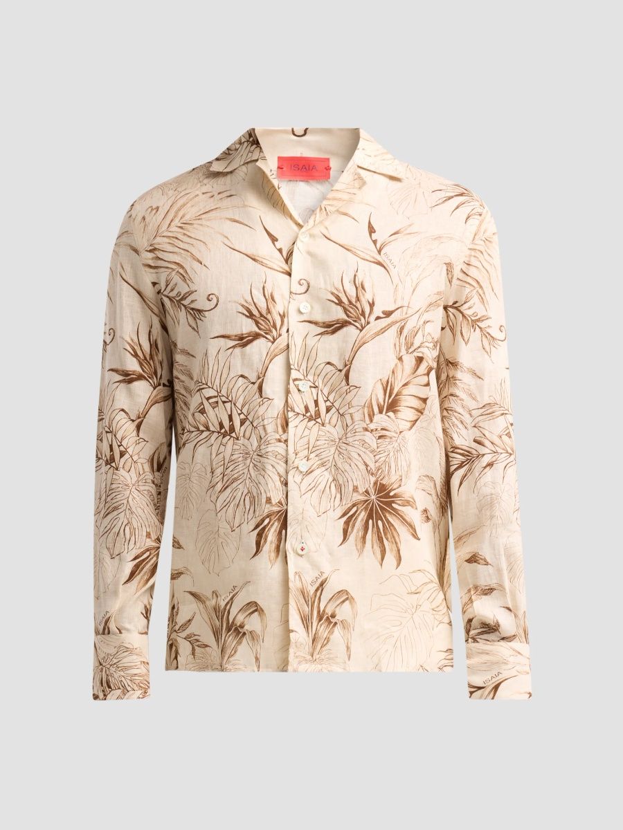 Isaia Men's Palm-Print Linen Camp Shirt - Tan - Size XXXL