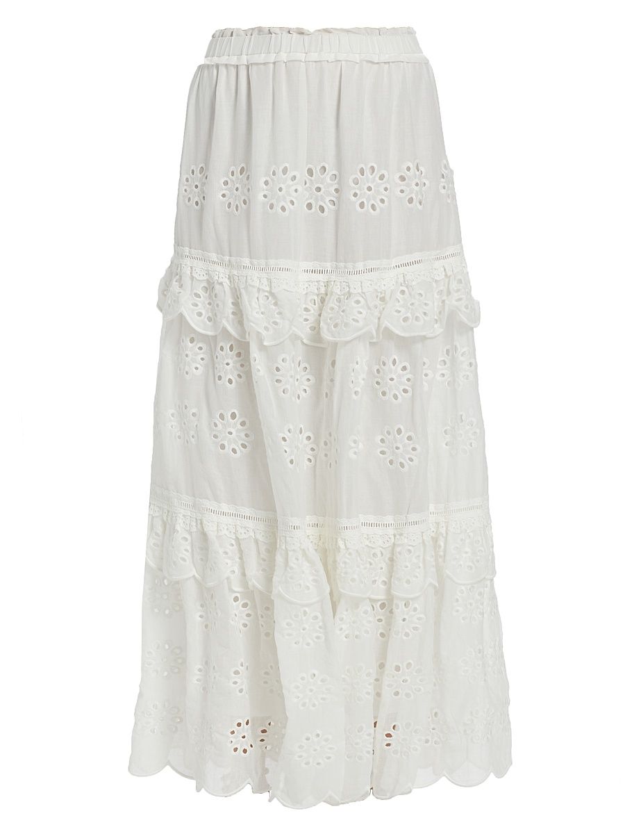 Women's Eyelet Cotton Ruffle Maxi Skirt - Off White - Size Large