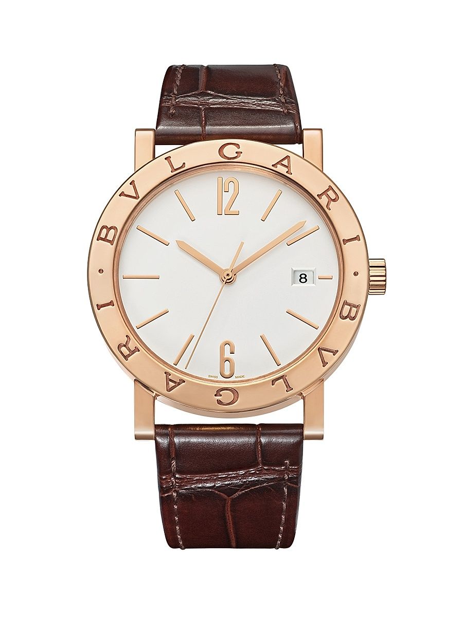 Men's BVLGARI BVLGARI 18K Rose Gold & Alligator Leather Strap Watch/38MM - Brown