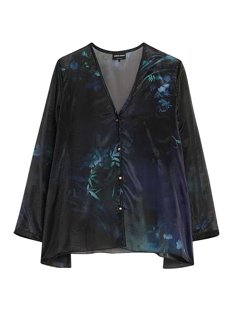 Women's Floral Print Silk-Blend Blouse - Solid Black - Size 18