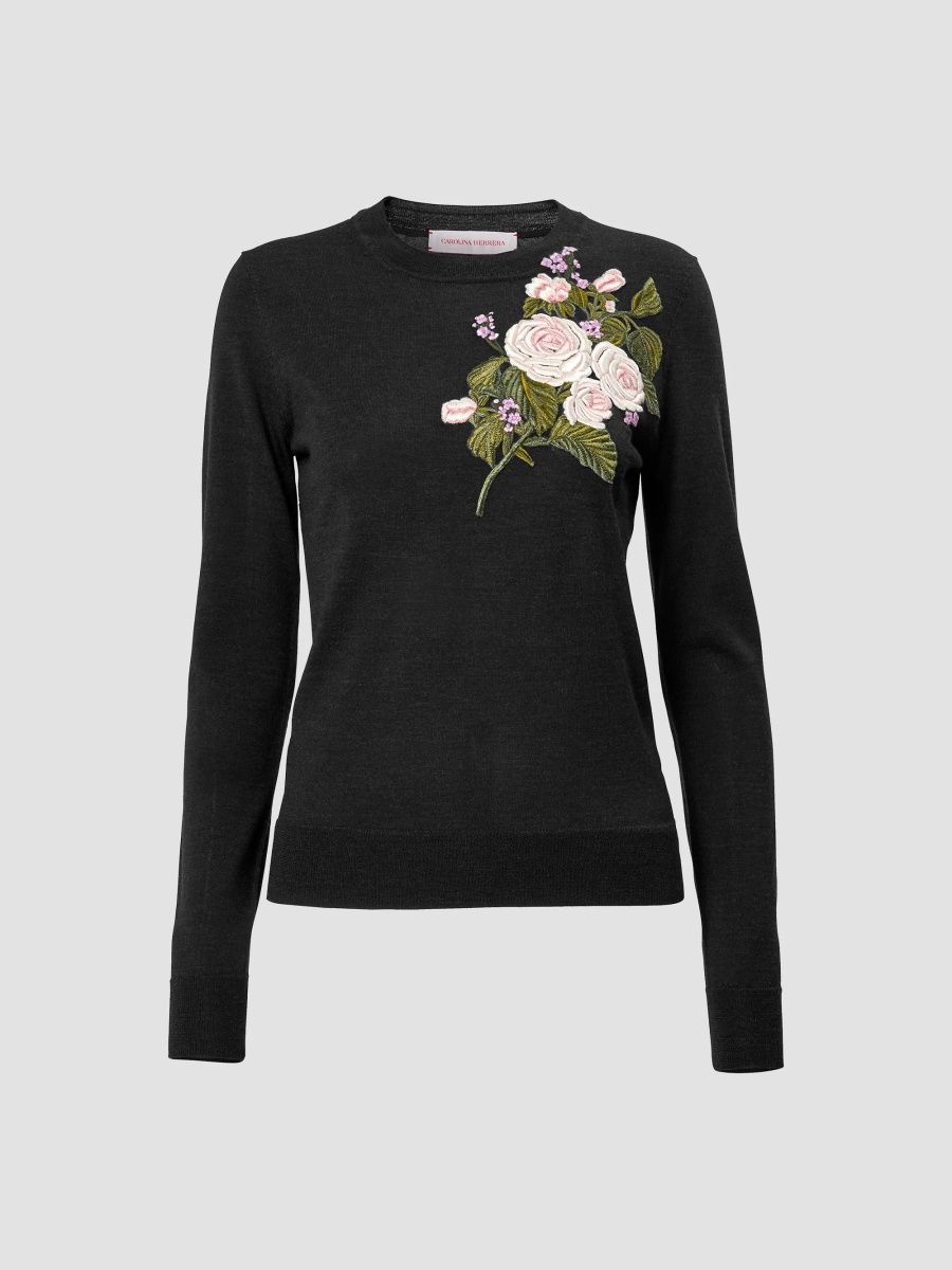 Carolina Herrera Women's Chalet Floral-Embroidered Wool Sweater - Charcoal Grey - Size XL