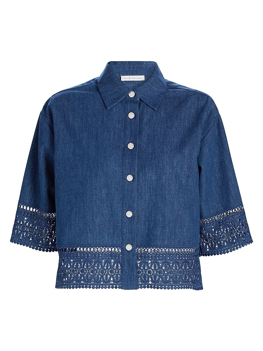 Women's The Laylee Lace-Trimmed Denim Shirt - Dark Denim - Size XL