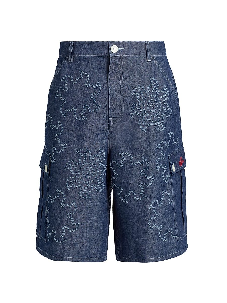 Men's Frayed Denim Low-Rise Wide-Leg Shorts - Orion Blue - Size 38