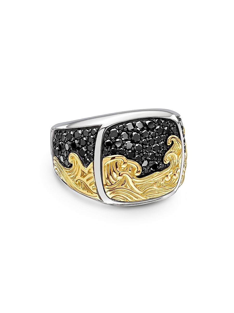 David Yurman Men's Waves Signet Ring in Sterling Silver - Black Diamond - Size 9