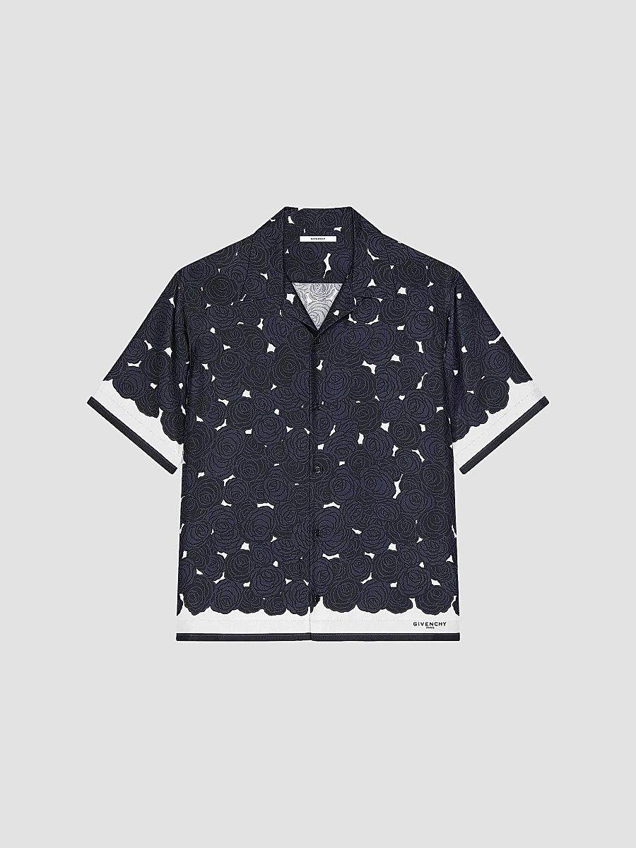 Givenchy Men's Shirt in Silk with Flowers Print - Dark Navy - Size 17