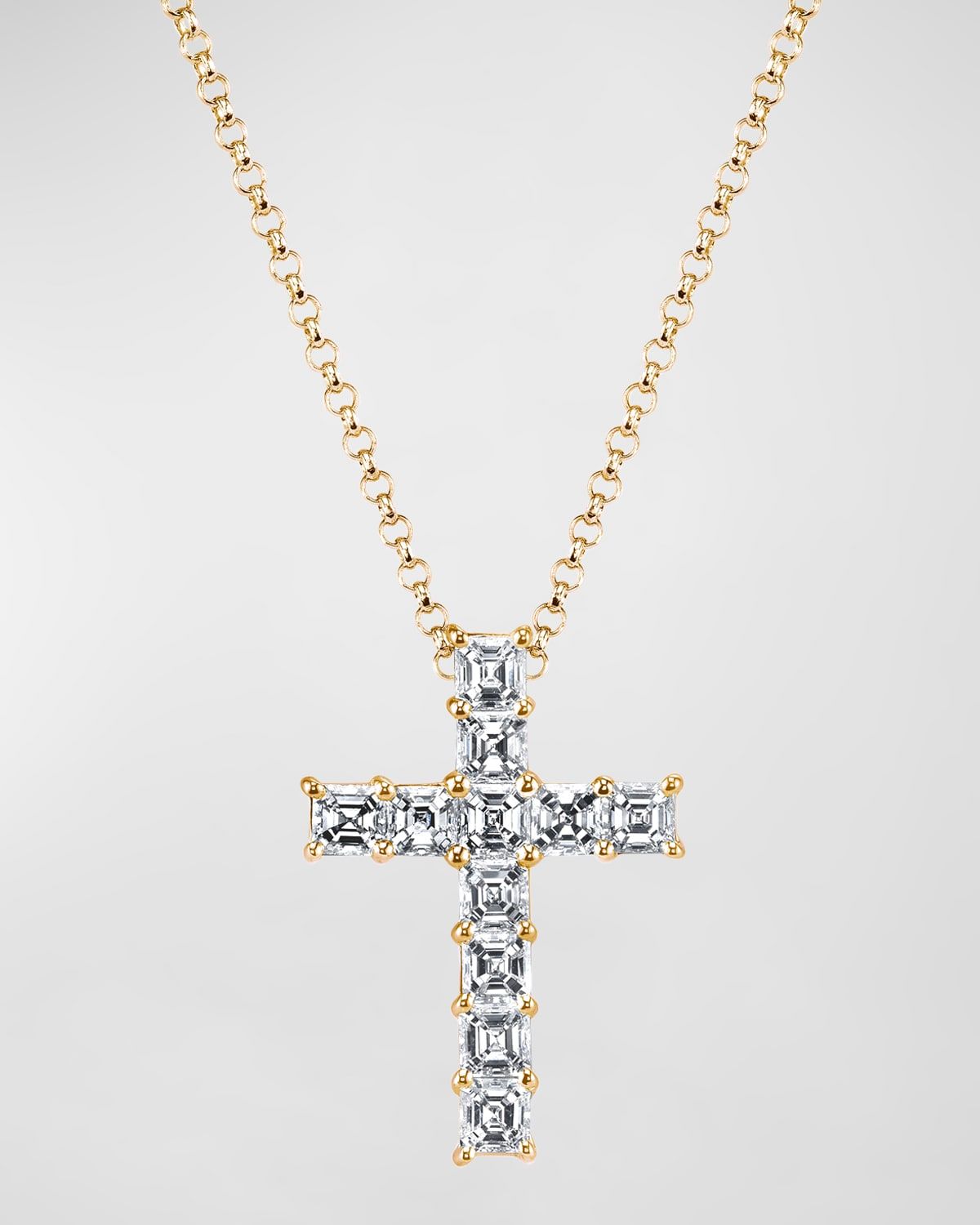 18K Gold 11-Stone Shared Prong Asscher Cut Diamond Cross 16" Necklace, 1.50tcw