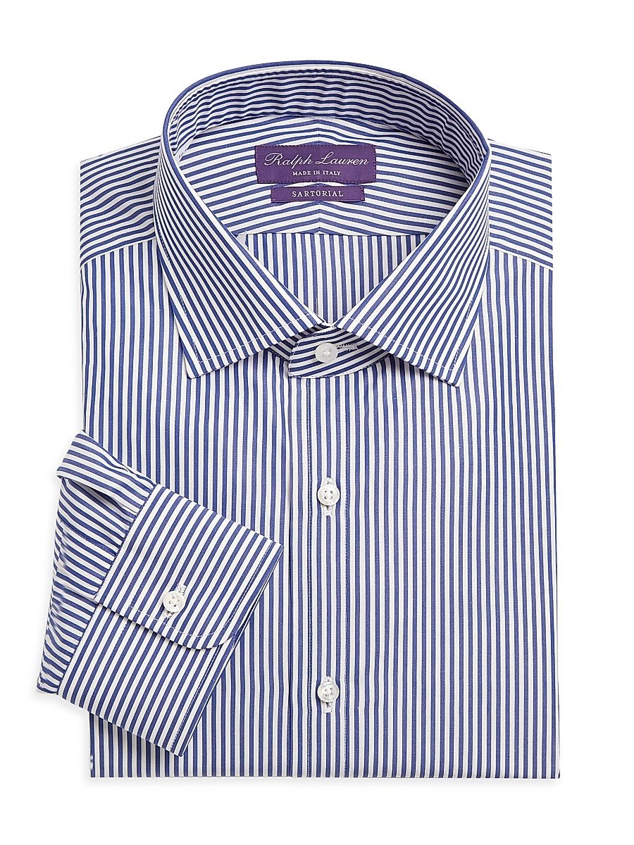 Men's Aston Striped Tailored Long-Sleeve Dress Shirt - Medium Blue - Size 17.5