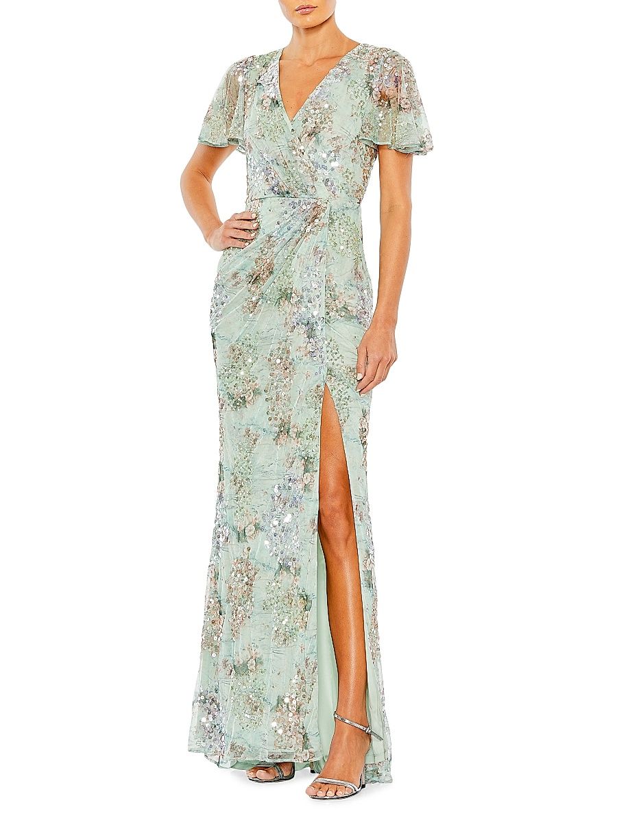Women's Embellished Flutter-Sleeve Wrap Gown - Sea Mist - Size 16