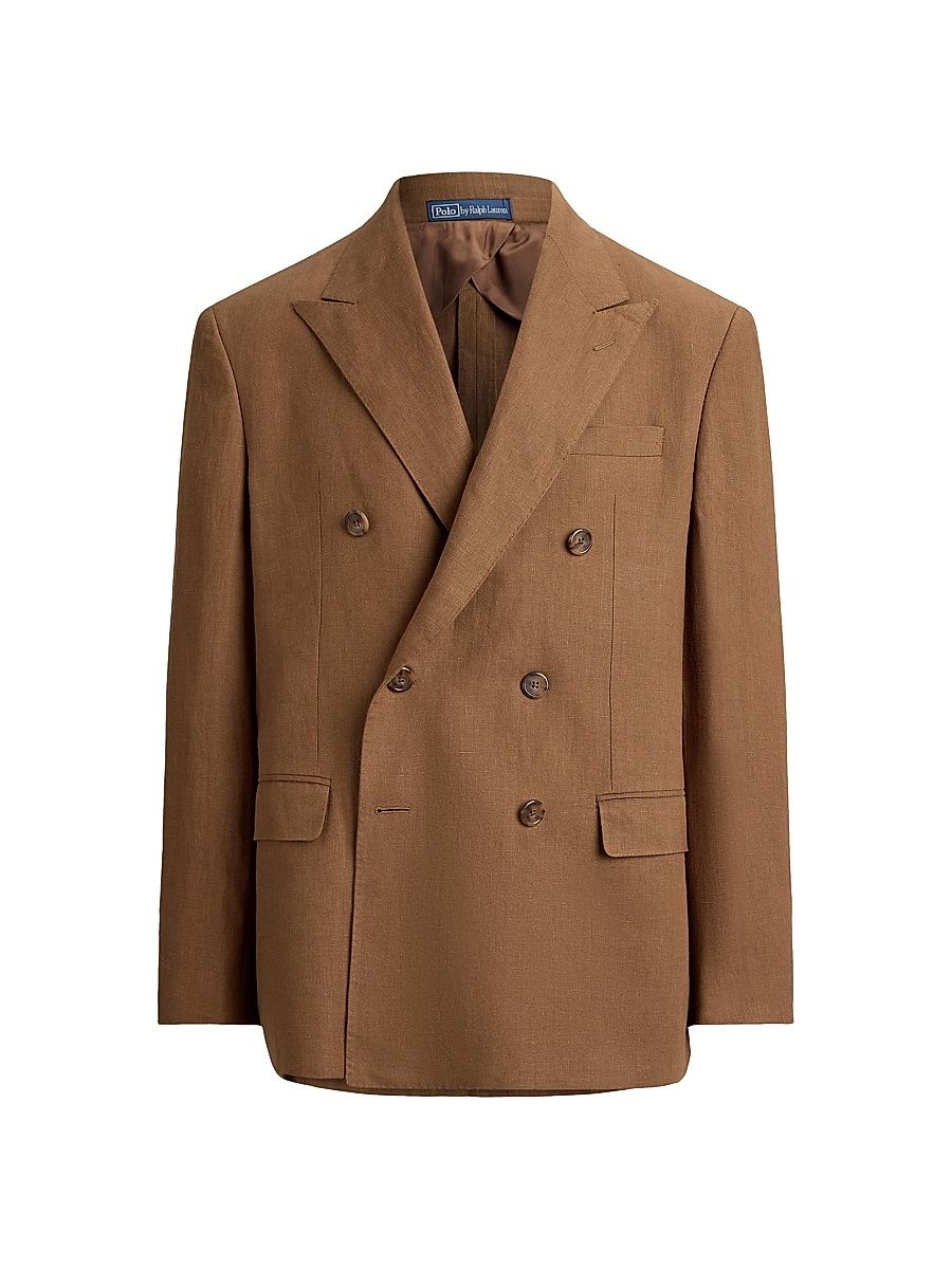 Men's Linen Double-Breasted Blazer - Mochaccino - Size 48