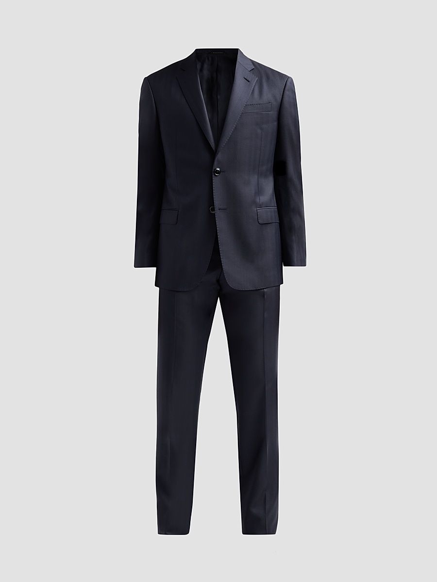 Men's Striped Herringbone Wool Single-Breasted Suit - Night Sky - Size 38
