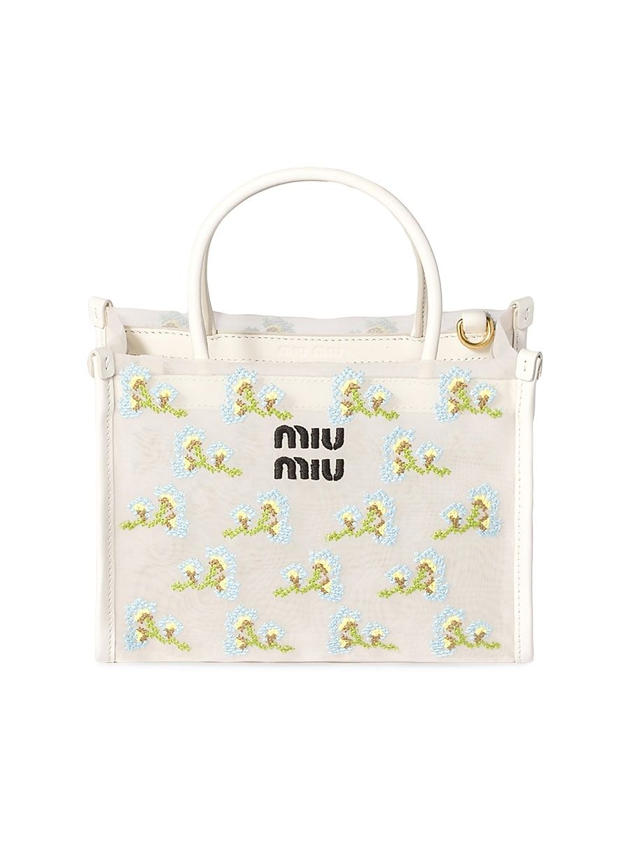 Women's Embroidered Mesh Top Handle Bag - White