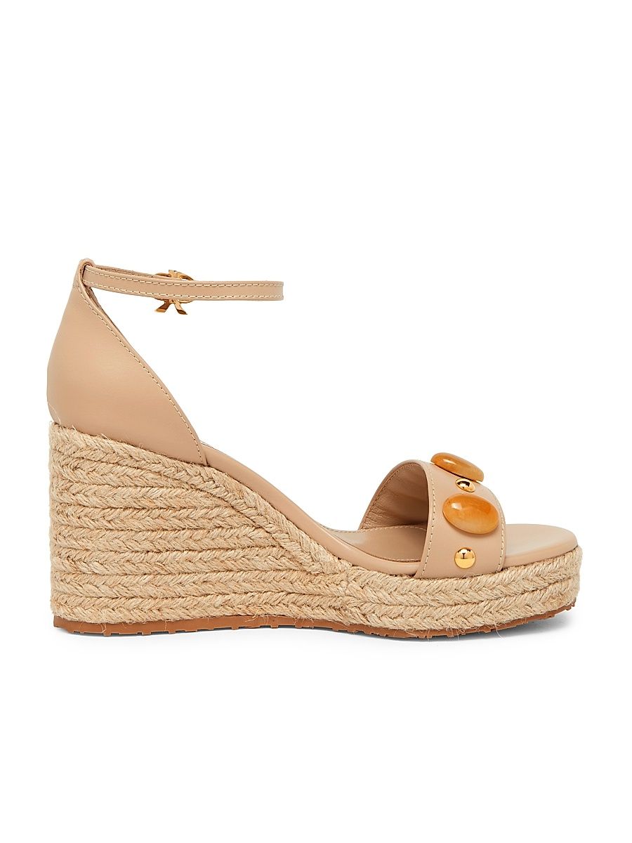 Women's 70MM Embellished Leather & Raffia Platform Wedge Sandals - Sand - Size 12