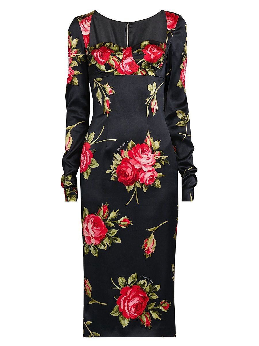 Women's Floral Satin Long-Sleeve Cocktail Dress - Bouquet Rose F Nero - Size 14